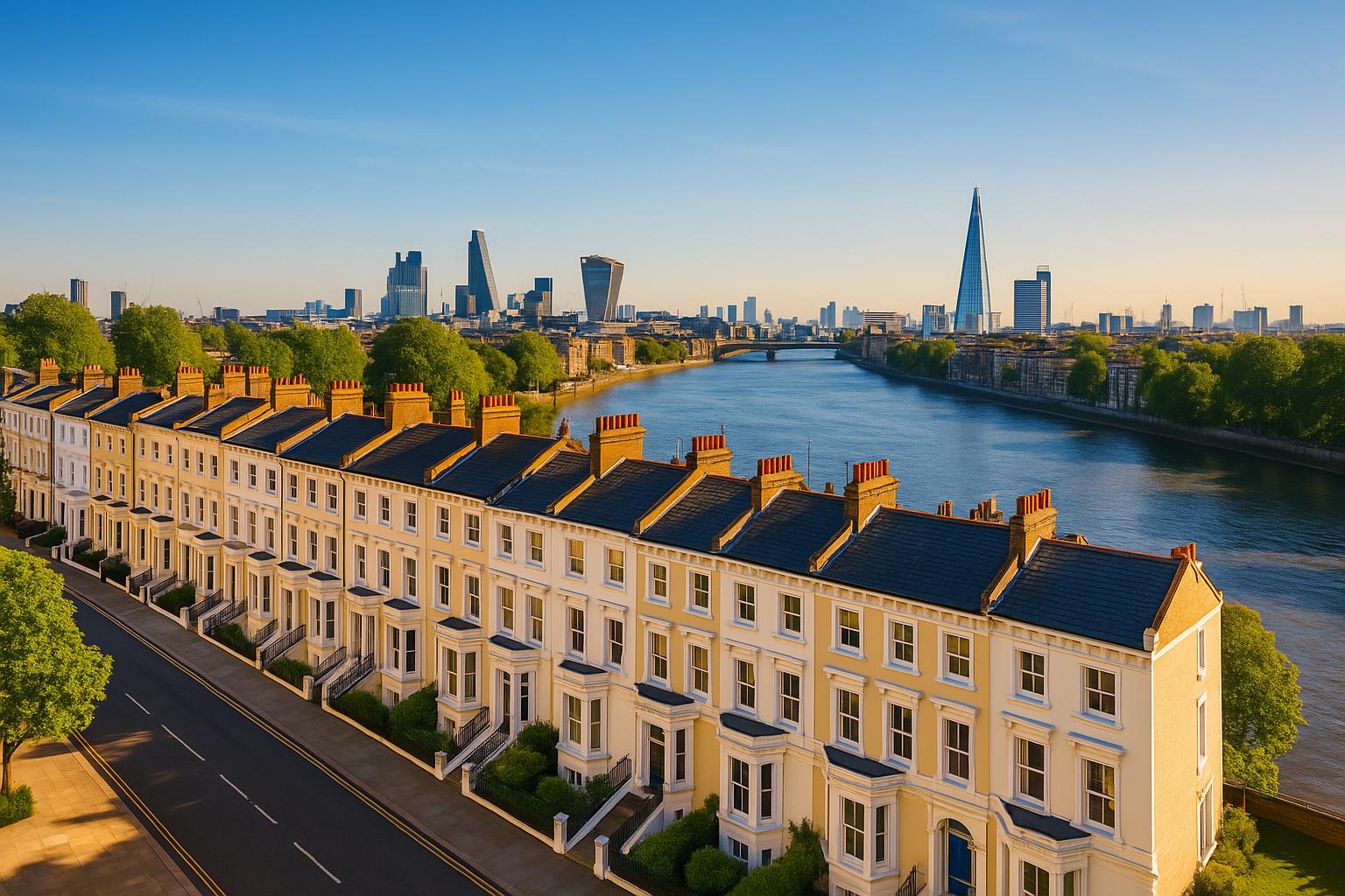 Aerial view of London terraces with Thames and city skyline